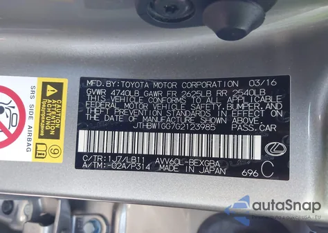 2016 Lexus Es 300H from USA, damaged, VIN JTHBW1GG7G2123985